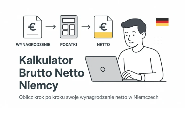 Minimalistisches Hero-Banner für „Kalkulator Brutto Netto Niemcy“ mit einer Infografik, die den Gehaltsberechnungsprozess zeigt – vom Bruttolohn („WYNAGRODZENIE“) über Steuern („PODATKI“) bis zum Nettolohn („NETTO“) – neben einer Illustration einer Person, die am Laptop arbeitet, mit der deutschen Flagge und modernen Finanzsymbolen auf weißem Hintergrund.