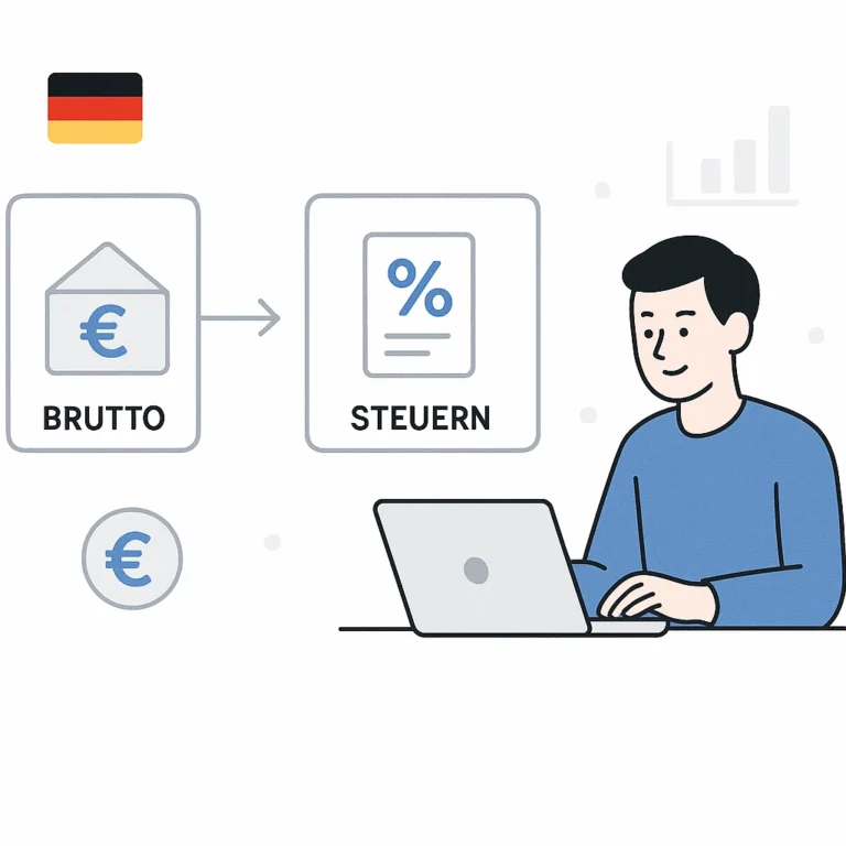 Minimalistische Infografik zur Brutto-Netto-Berechnung in Deutschland. Sie zeigt drei Schritte mit Symbolen: „BRUTTO“ mit einem Euro-Umschlag, „STEUERN“ mit einem Prozentzeichen und schließlich eine Person, die am Laptop arbeitet. Daneben befindet sich eine kleine deutsche Flagge, alles in einem klaren, modernen Stil mit Weiß-, Grau- und Blautönen.